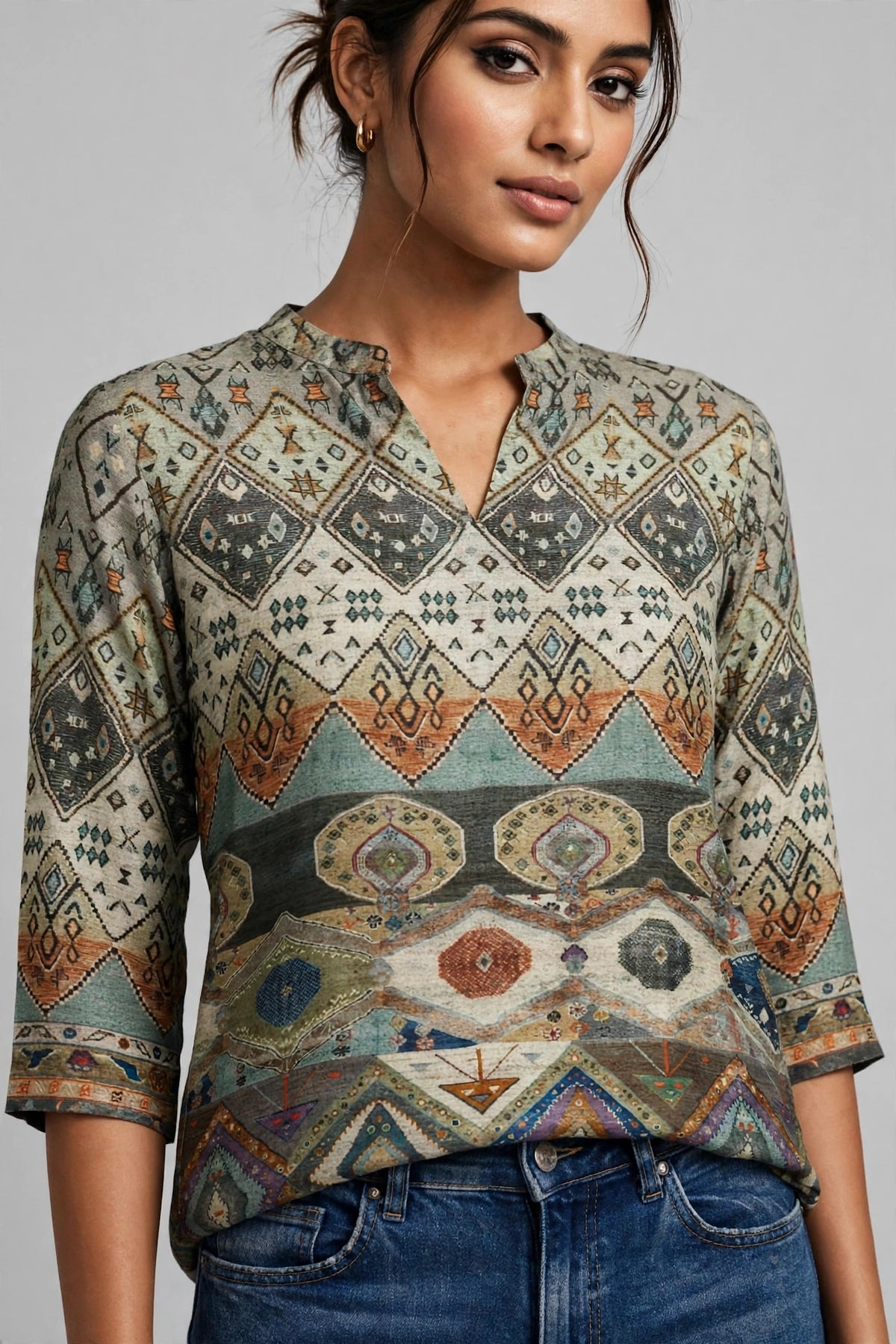 Multicolour Tribal Geometric Print Silk Blend Top – Mandarin Collar Tunic with Three-Quarter Sleeves