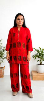 Red Gajji Silk Co-Ord Set with Abstract Print & Button Placket
