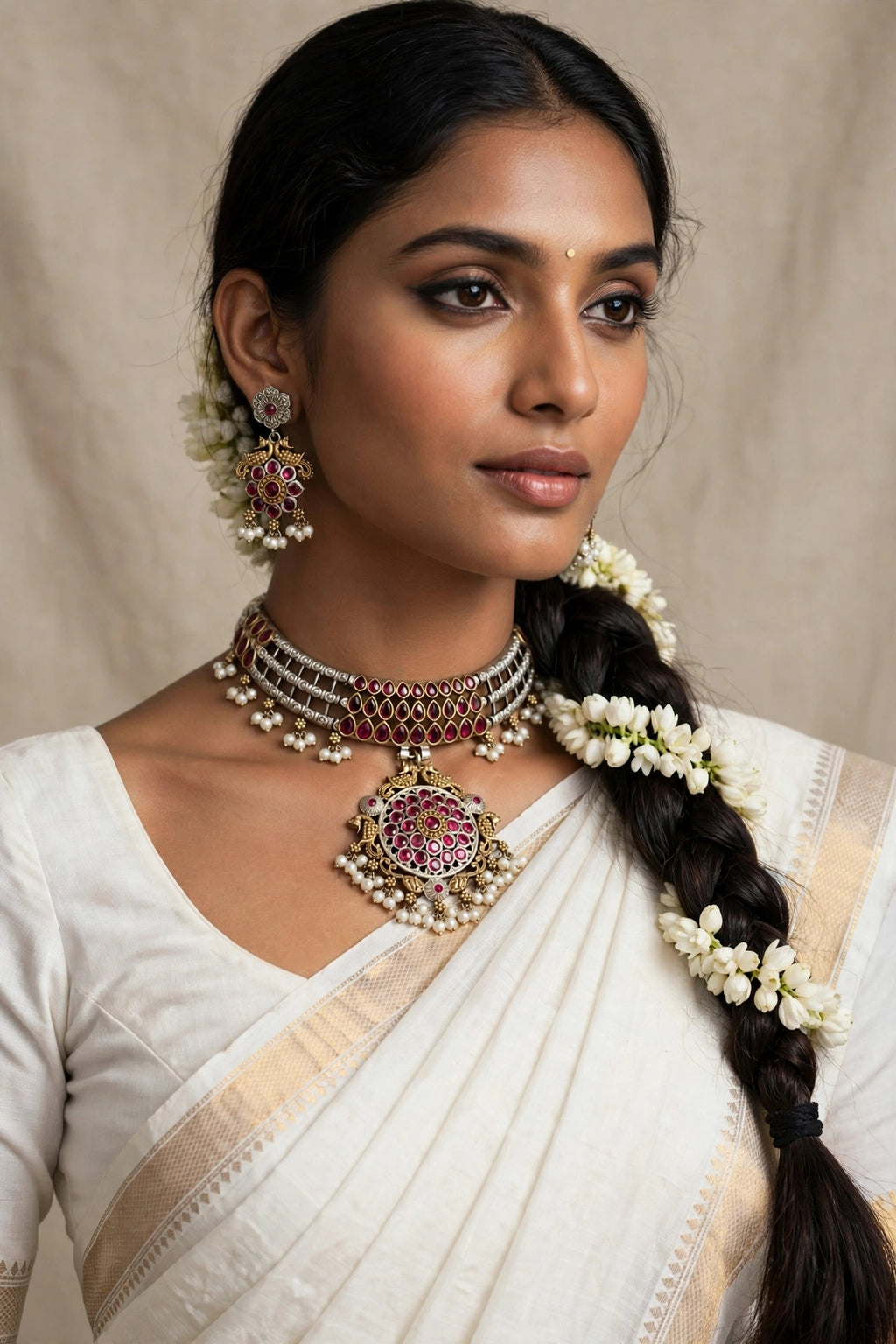 Ruby Mandala Dual-Tone Hasli Set with Pearl Clusters