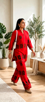 Red Gajji Silk Co-Ord Set with Abstract Print & Button Placket