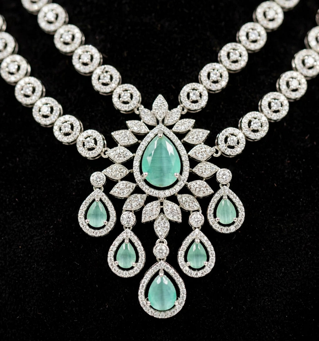 Mint Green American Diamond Double-Layer Necklace Set with Teardrop Pendant & Earrings