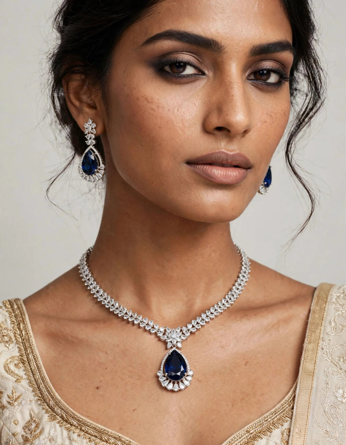 Sapphire Blue American Diamond Teardrop Pendant Necklace Set with Earrings
