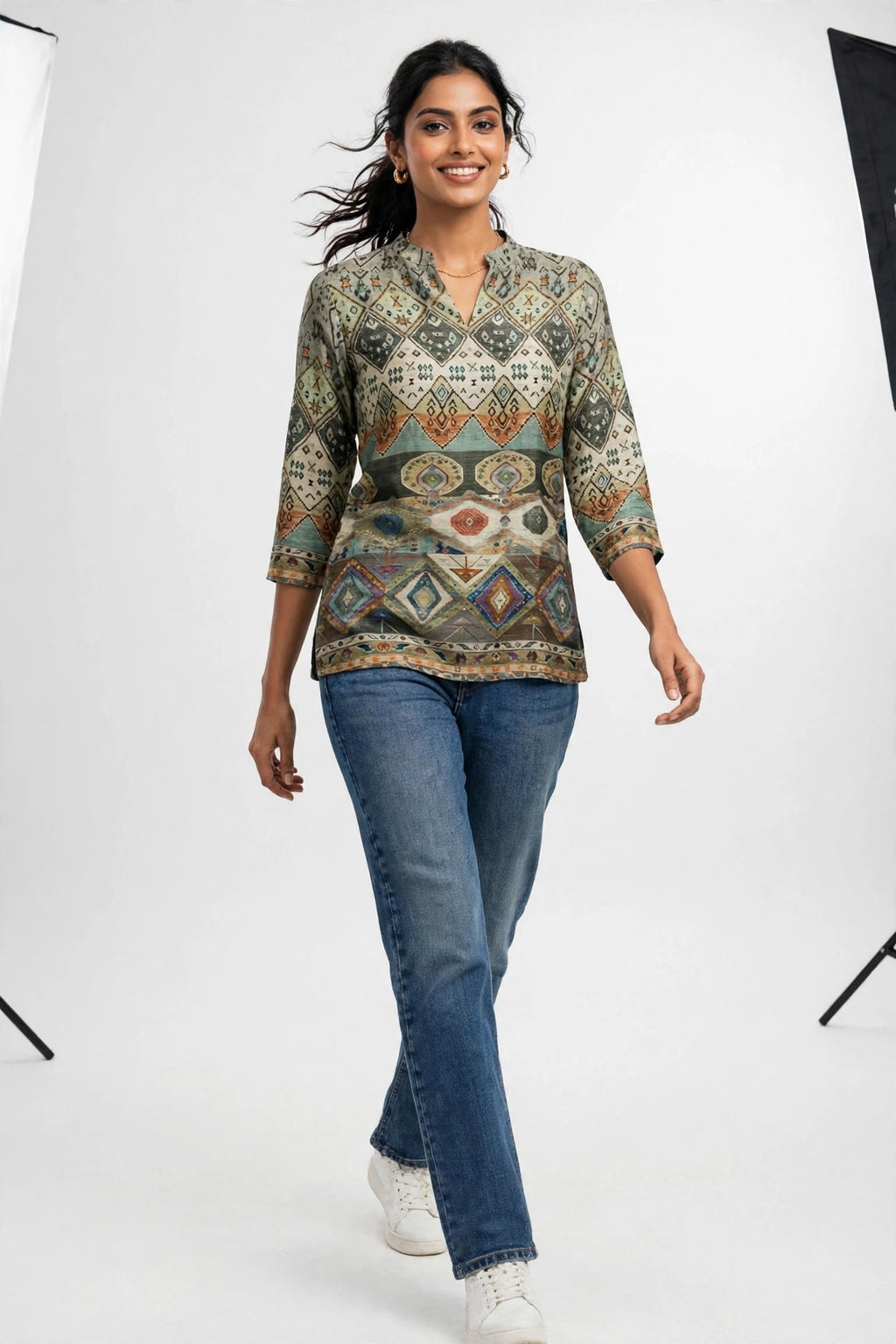 Multicolour Tribal Geometric Print Silk Blend Top – Mandarin Collar Tunic with Three-Quarter Sleeves