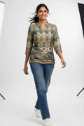 Multicolour Tribal Geometric Print Silk Blend Top – Mandarin Collar Tunic with Three-Quarter Sleeves