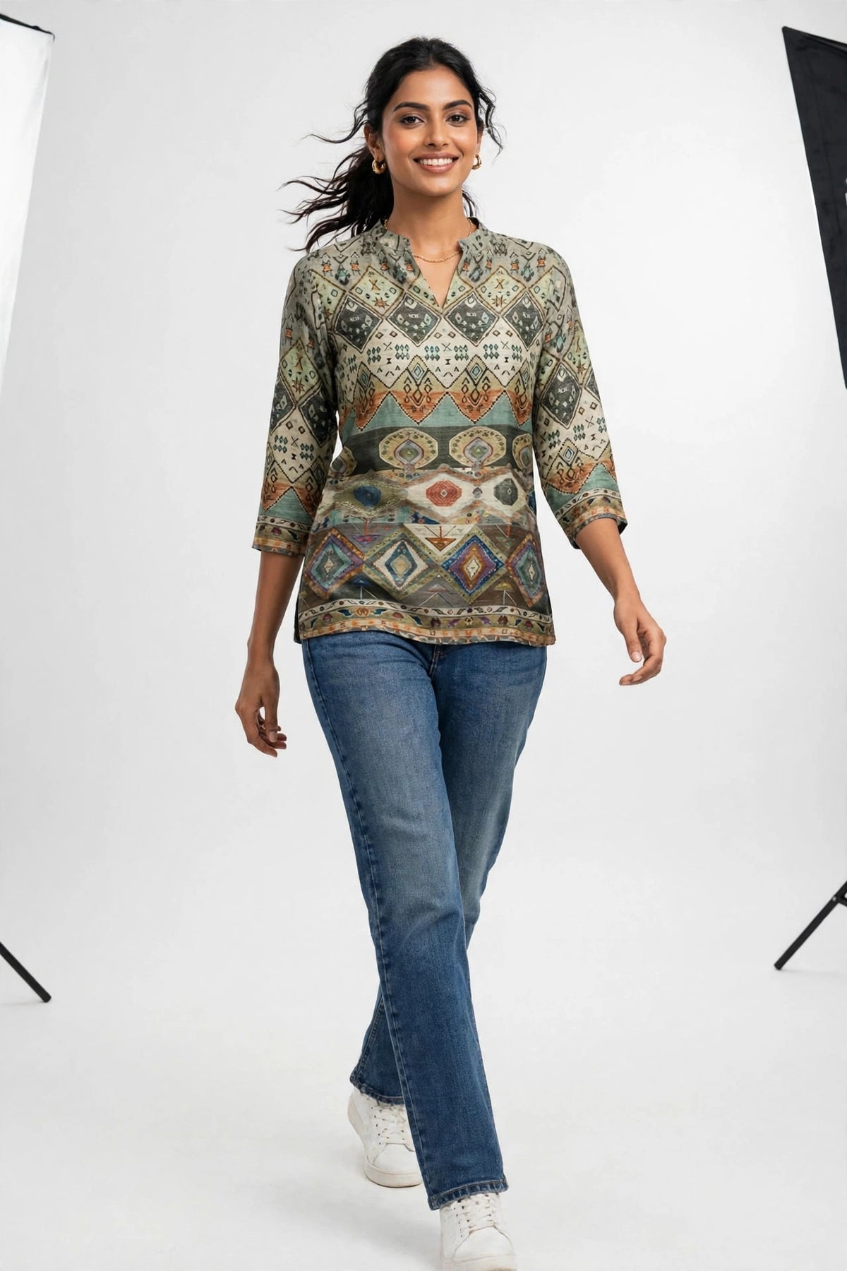 Multicolour Tribal Geometric Print Silk Blend Top – Mandarin Collar Tunic with Three-Quarter Sleeves