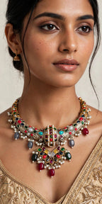 Navratna Multicolour Hasli Set with Pearl Fringe