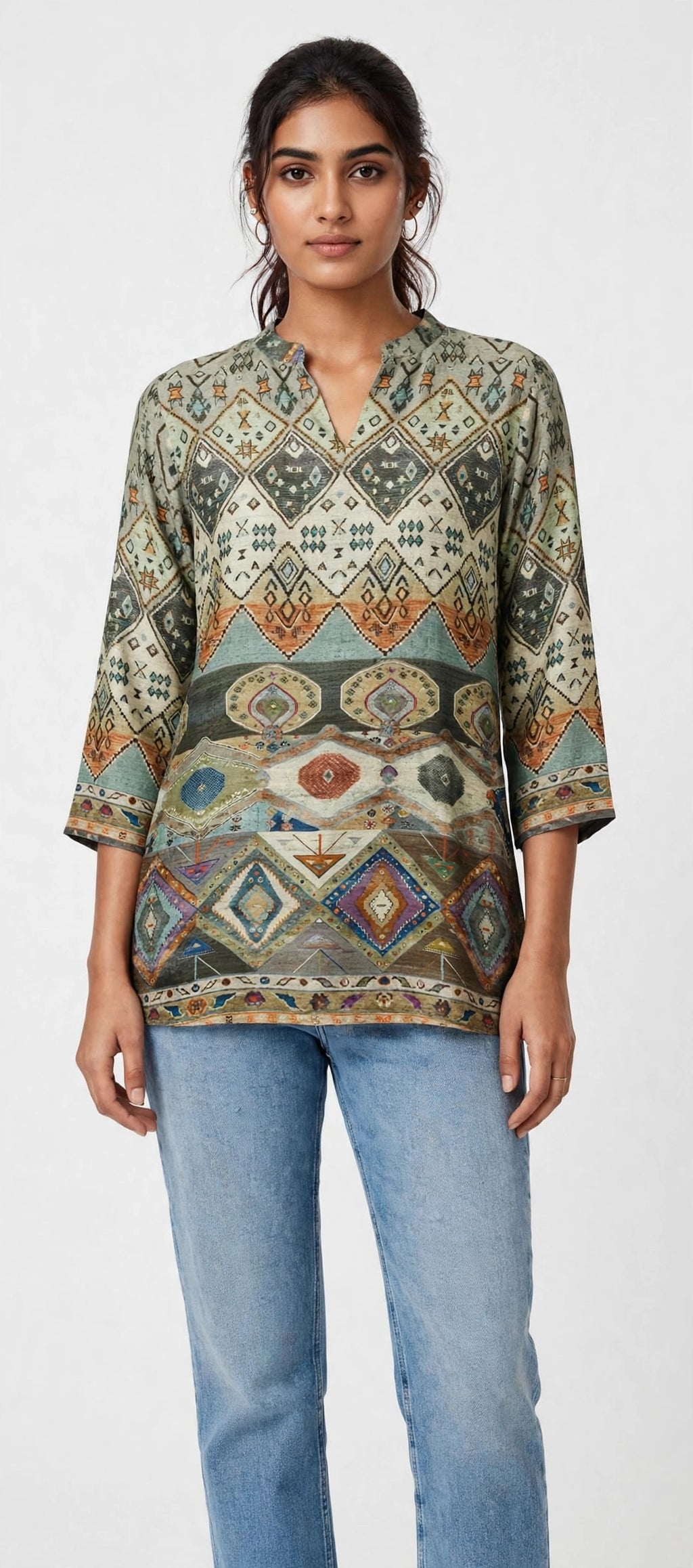 Multicolour Tribal Geometric Print Silk Blend Top – Mandarin Collar Tunic with Three-Quarter Sleeves