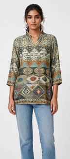 Multicolour Tribal Geometric Print Silk Blend Top – Mandarin Collar Tunic with Three-Quarter Sleeves
