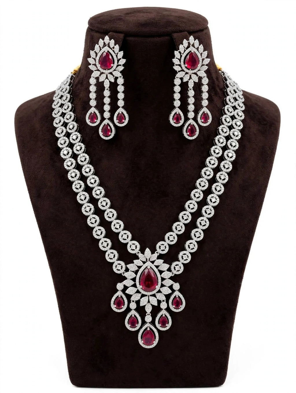 Ruby Pink American Diamond Double-Layer Necklace Set with Earrings & Maang Tikka