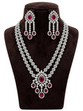 Ruby Pink American Diamond Double-Layer Necklace Set with Earrings & Maang Tikka