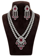 Ruby Pink American Diamond Double-Layer Necklace Set with Earrings & Maang Tikka