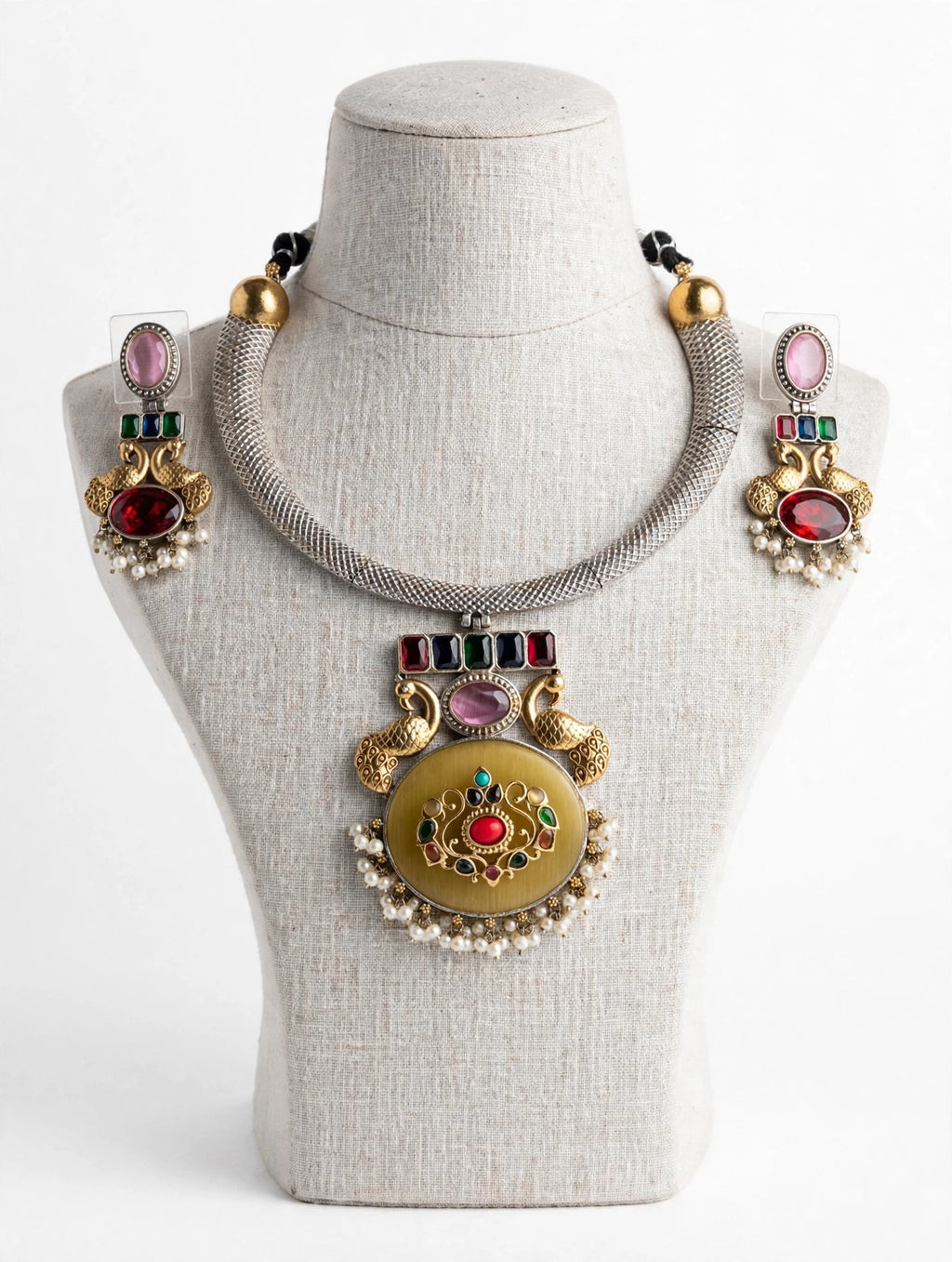 Peacock Navratna Hasli Necklace Set with Mesh Collar