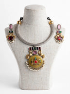 Peacock Navratna Hasli Necklace Set with Mesh Collar