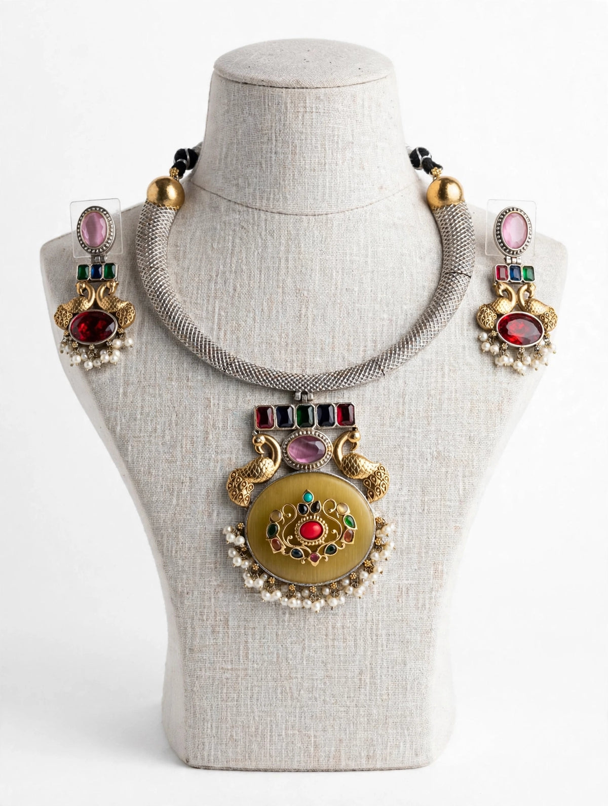 Peacock Navratna Hasli Necklace Set with Mesh Collar