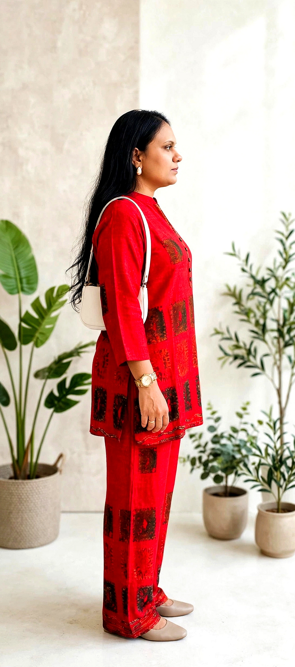 Red Gajji Silk Co-Ord Set with Abstract Print & Button Placket