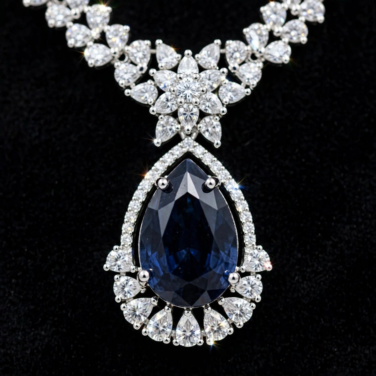 Sapphire Blue American Diamond Teardrop Pendant Necklace Set with Earrings