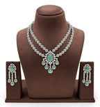 Mint Green American Diamond Double-Layer Necklace Set with Teardrop Pendant & Earrings