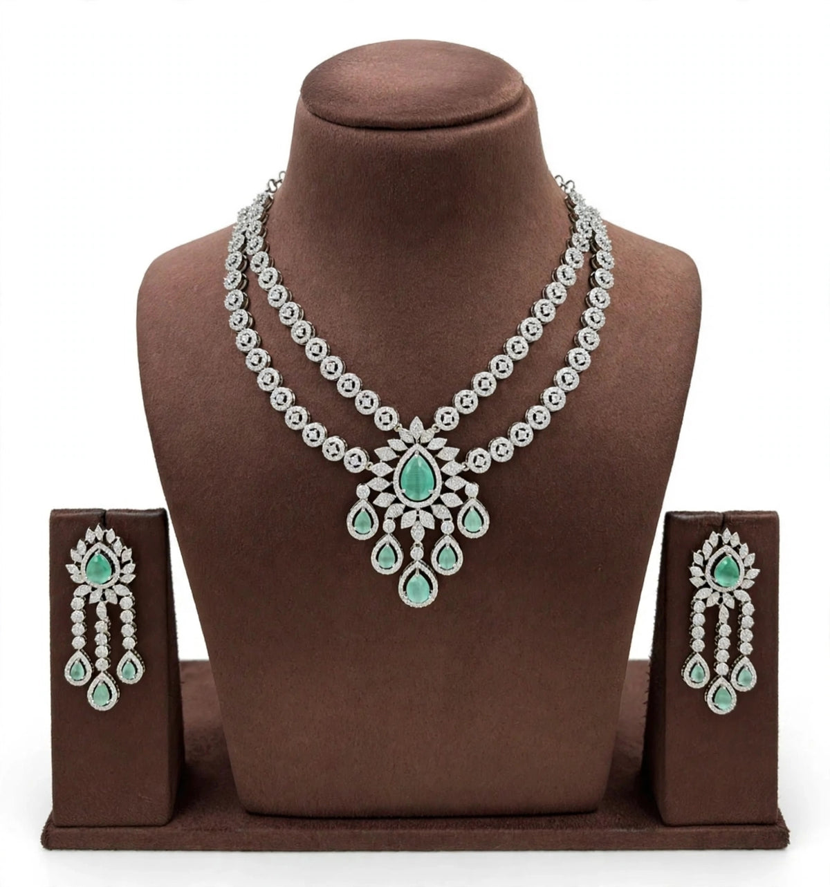 Mint Green American Diamond Double-Layer Necklace Set with Teardrop Pendant & Earrings
