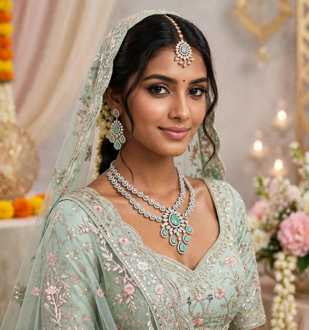 Mint Green American Diamond Double-Layer Necklace Set with Teardrop Pendant & Earrings