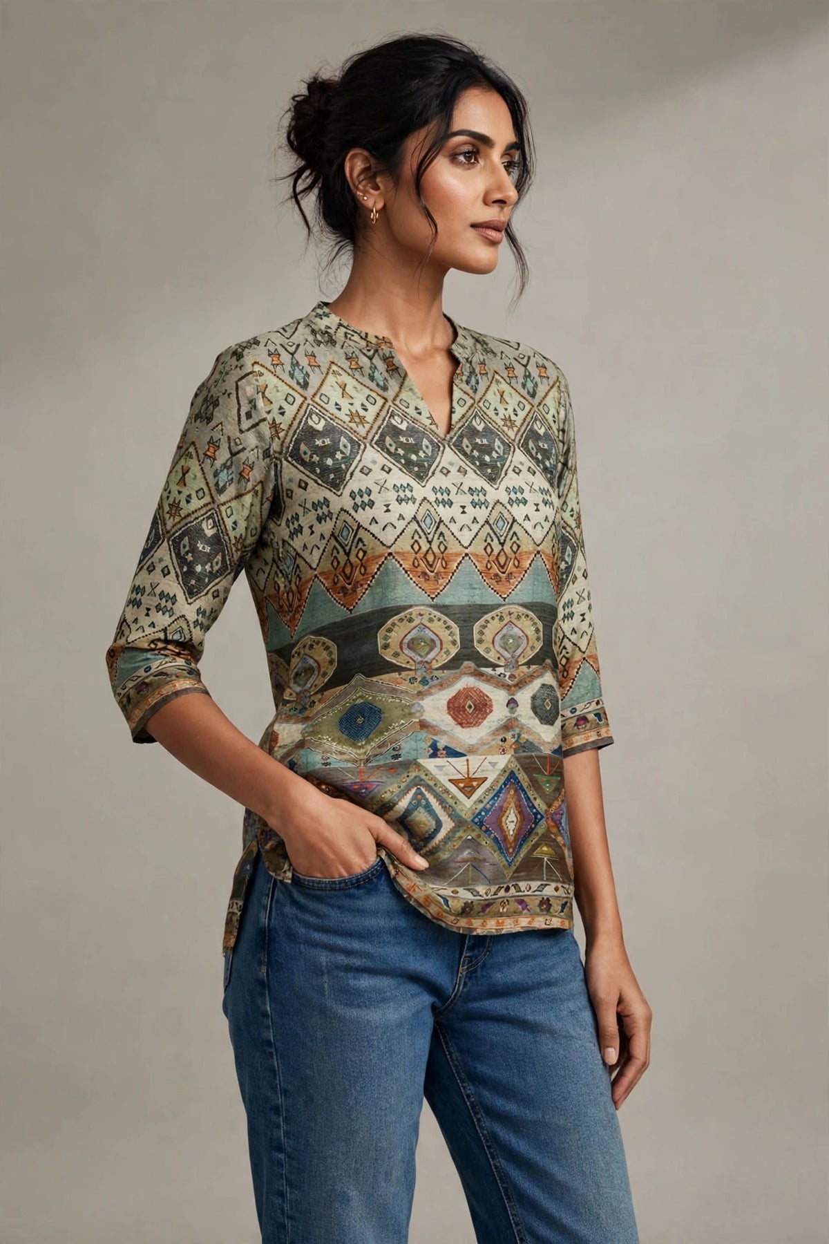 Multicolour Tribal Geometric Print Silk Blend Top – Mandarin Collar Tunic with Three-Quarter Sleeves