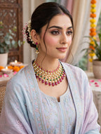 Pearl Layered Choker Necklace Set with Ruby Pink & Emerald Green Beads