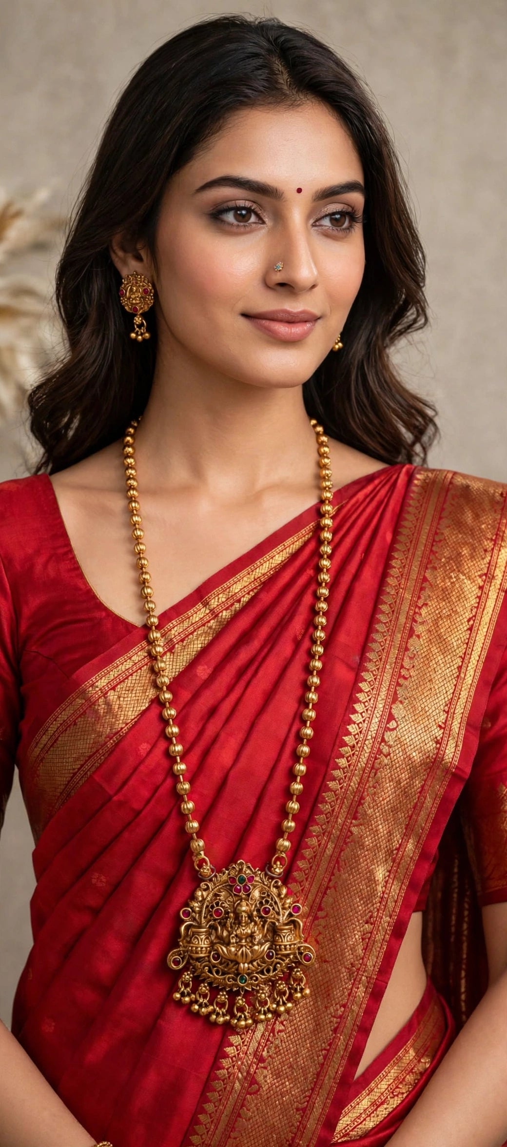Lakshmi Temple Long Haram with Melon Bead Chain