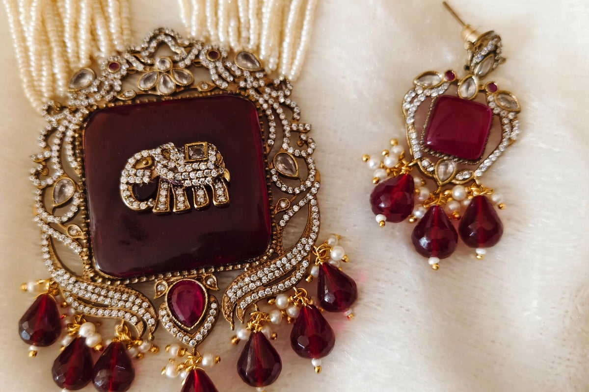 Maroon Elephant Pendant Pearl Rani Haar Set with Earrings