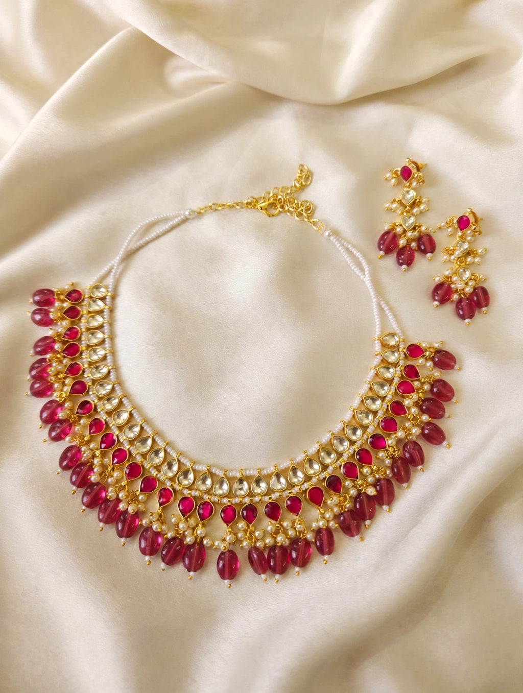 Ruby Pink Kundan-Style Choker Necklace Set with Pearl Drops & Earrings