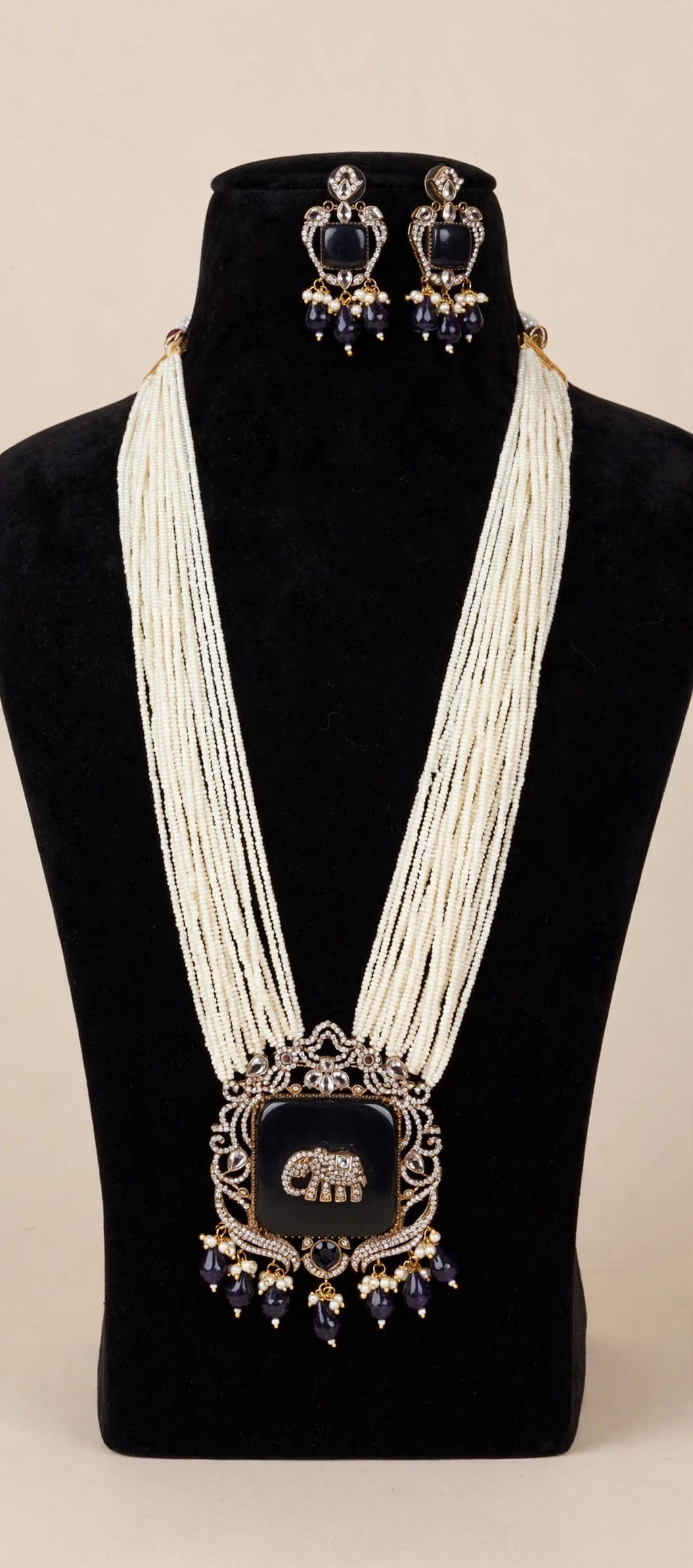 Black & Navy Elephant Pendant Pearl Rani Haar Set with Earrings
