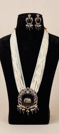 Black & Navy Elephant Pendant Pearl Rani Haar Set with Earrings