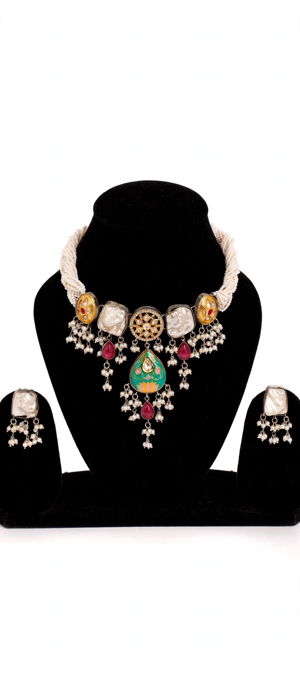 Pearl Rope Choker Necklace Set with Green Meenakari Pendant & Pearl Drops