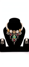 Pearl Rope Choker Necklace Set with Green Meenakari Pendant & Pearl Drops