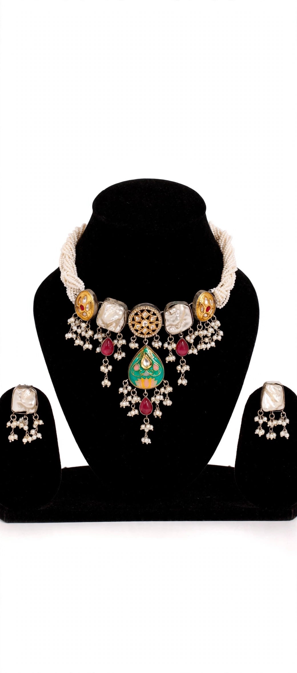 Pearl Rope Choker Necklace Set with Green Meenakari Pendant & Pearl Drops