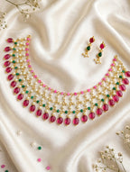 Pearl Layered Choker Necklace Set with Ruby Pink & Emerald Green Beads