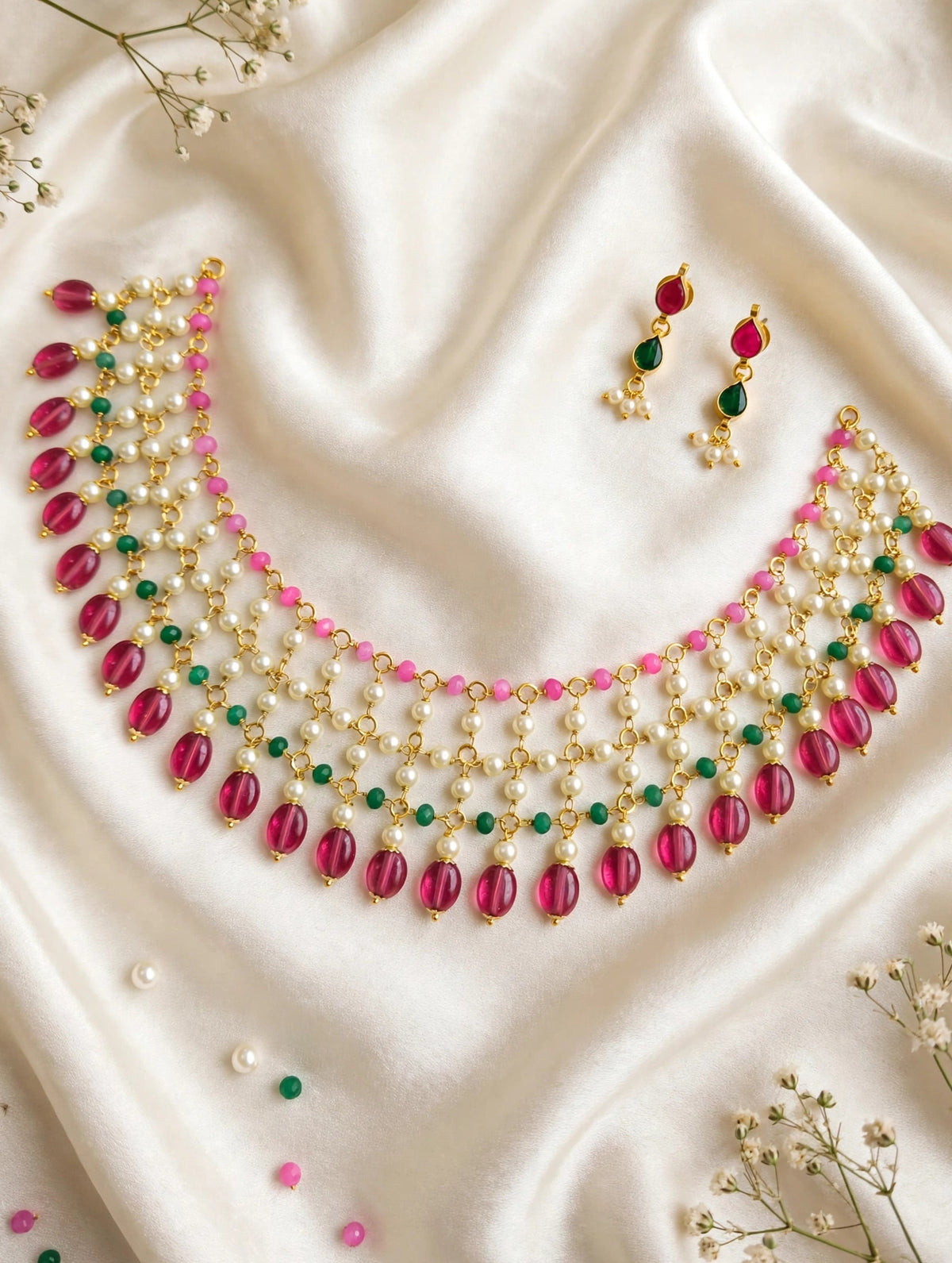 Pearl Layered Choker Necklace Set with Ruby Pink & Emerald Green Beads