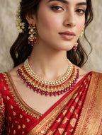 Ruby Pink Kundan-Style Choker Necklace Set with Pearl Drops & Earrings