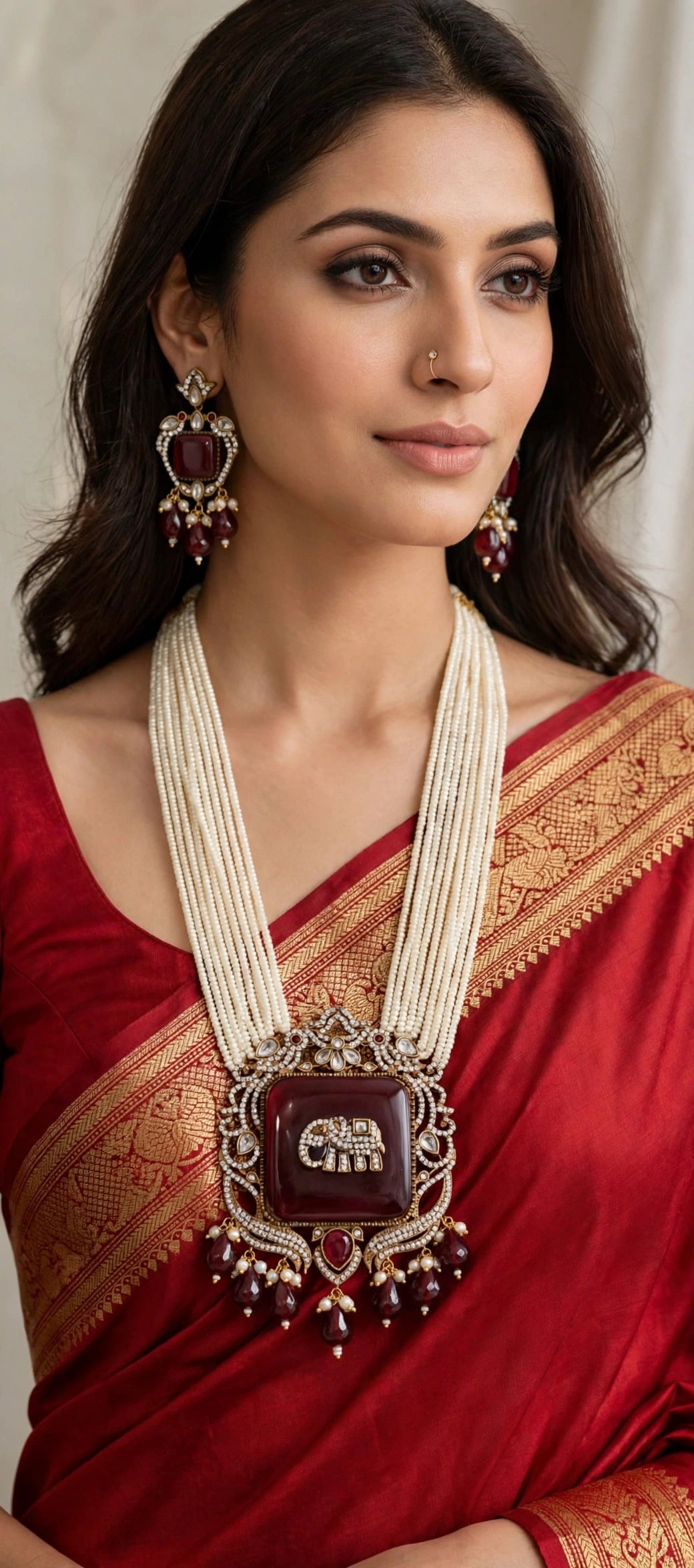 Maroon Elephant Pendant Pearl Rani Haar Set with Earrings