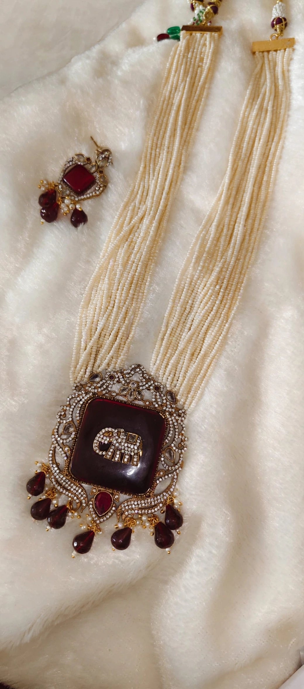 Maroon Elephant Pendant Pearl Rani Haar Set with Earrings