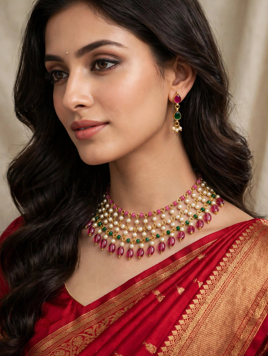 Pearl Layered Choker Necklace Set with Ruby Pink & Emerald Green Beads