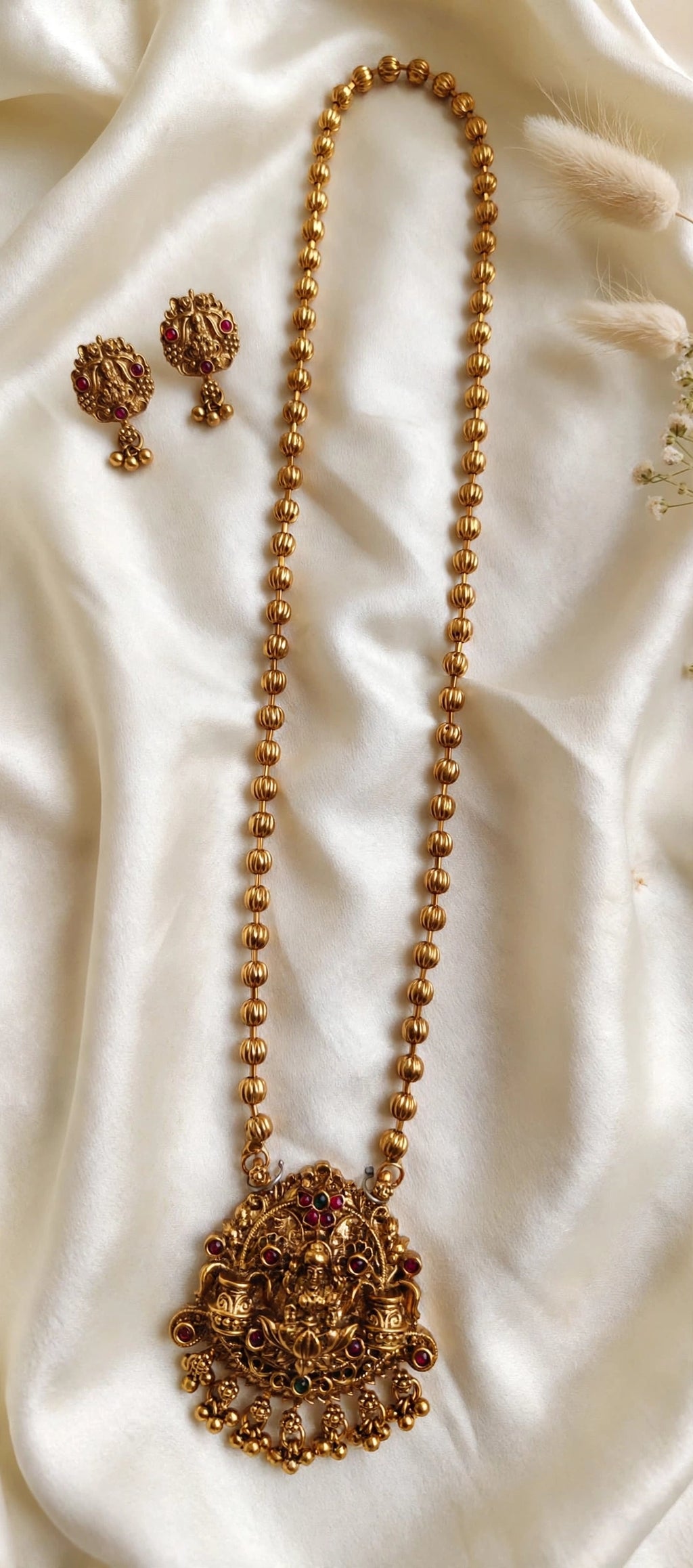 Lakshmi Temple Long Haram with Melon Bead Chain