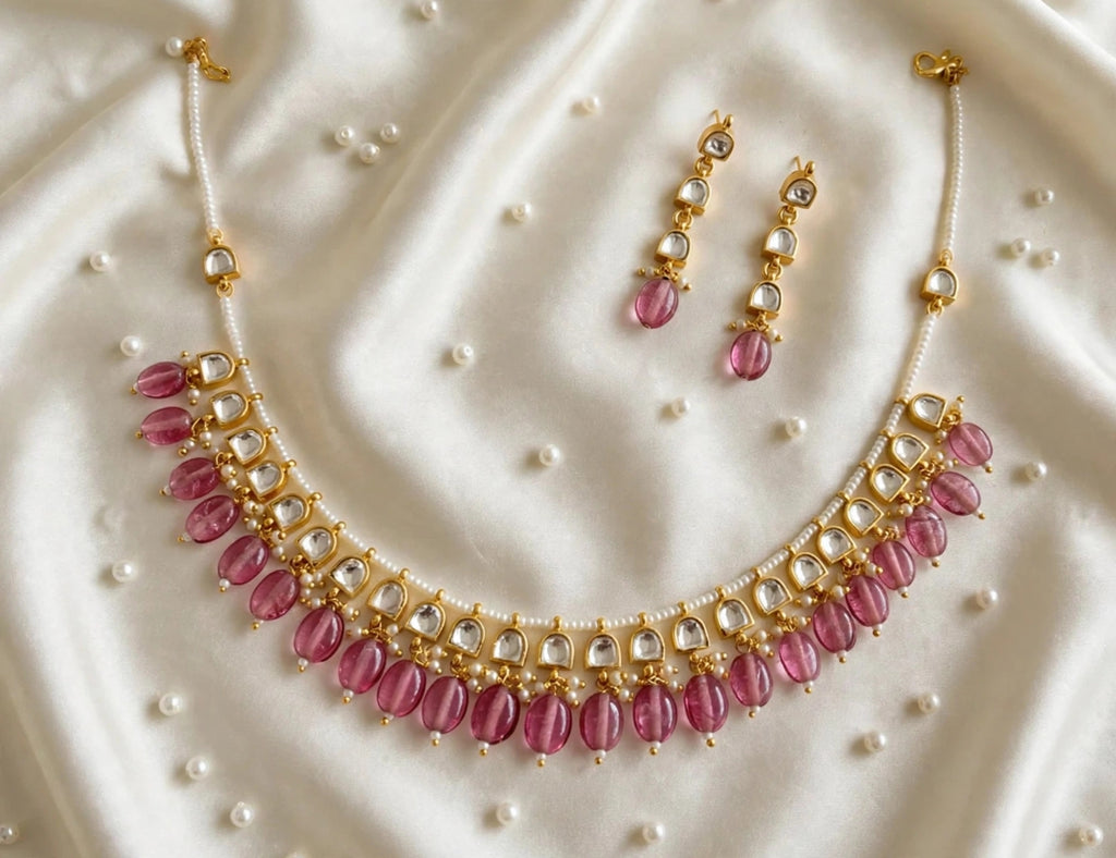Pink Bead Drop Kundan-Style Choker Necklace Set with Earrings