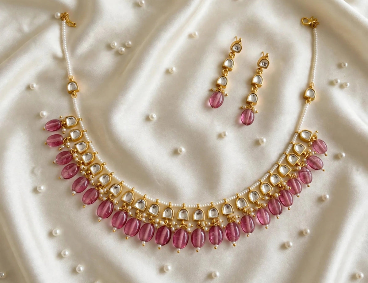 Pink Bead Drop Kundan-Style Choker Necklace Set with Earrings