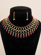 Pearl Layered Choker Necklace Set with Ruby Pink & Emerald Green Beads