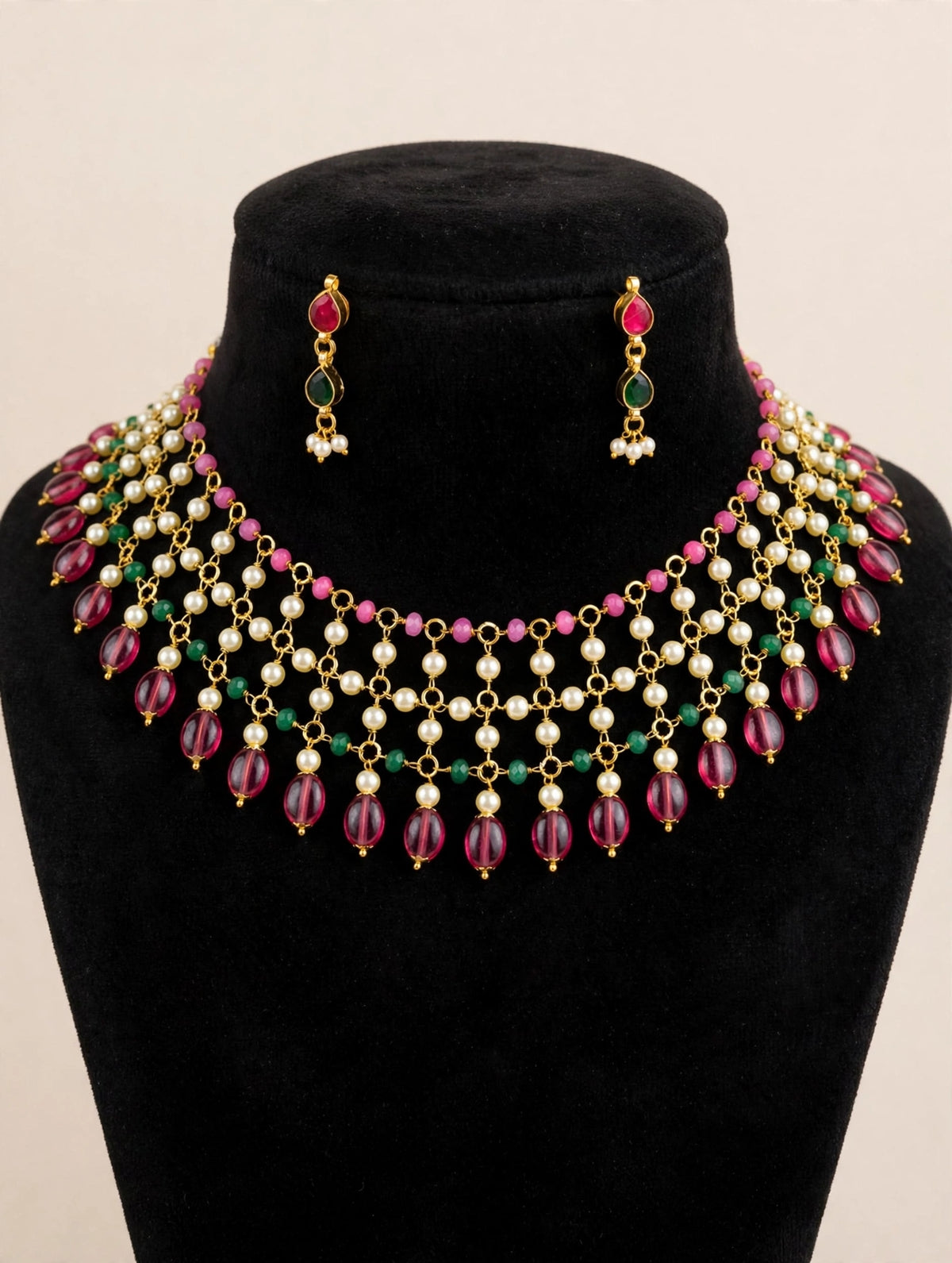Pearl Layered Choker Necklace Set with Ruby Pink & Emerald Green Beads