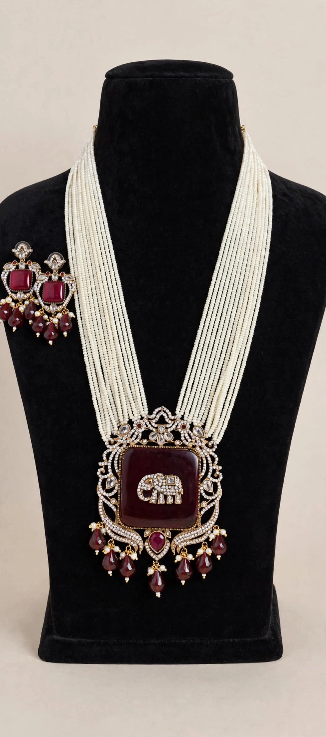 Maroon Elephant Pendant Pearl Rani Haar Set with Earrings