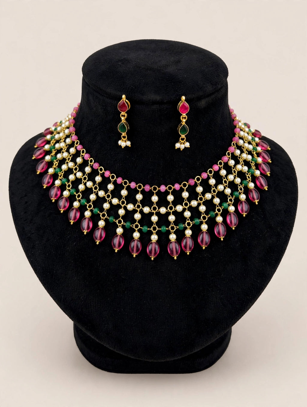 Pearl Layered Choker Necklace Set with Ruby Pink & Emerald Green Beads