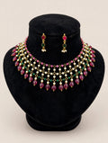 Pearl Layered Choker Necklace Set with Ruby Pink & Emerald Green Beads