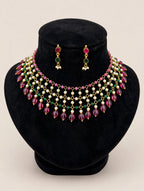 Pearl Layered Choker Necklace Set with Ruby Pink & Emerald Green Beads