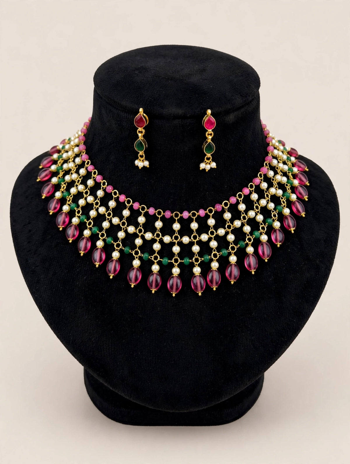 Pearl Layered Choker Necklace Set with Ruby Pink & Emerald Green Beads