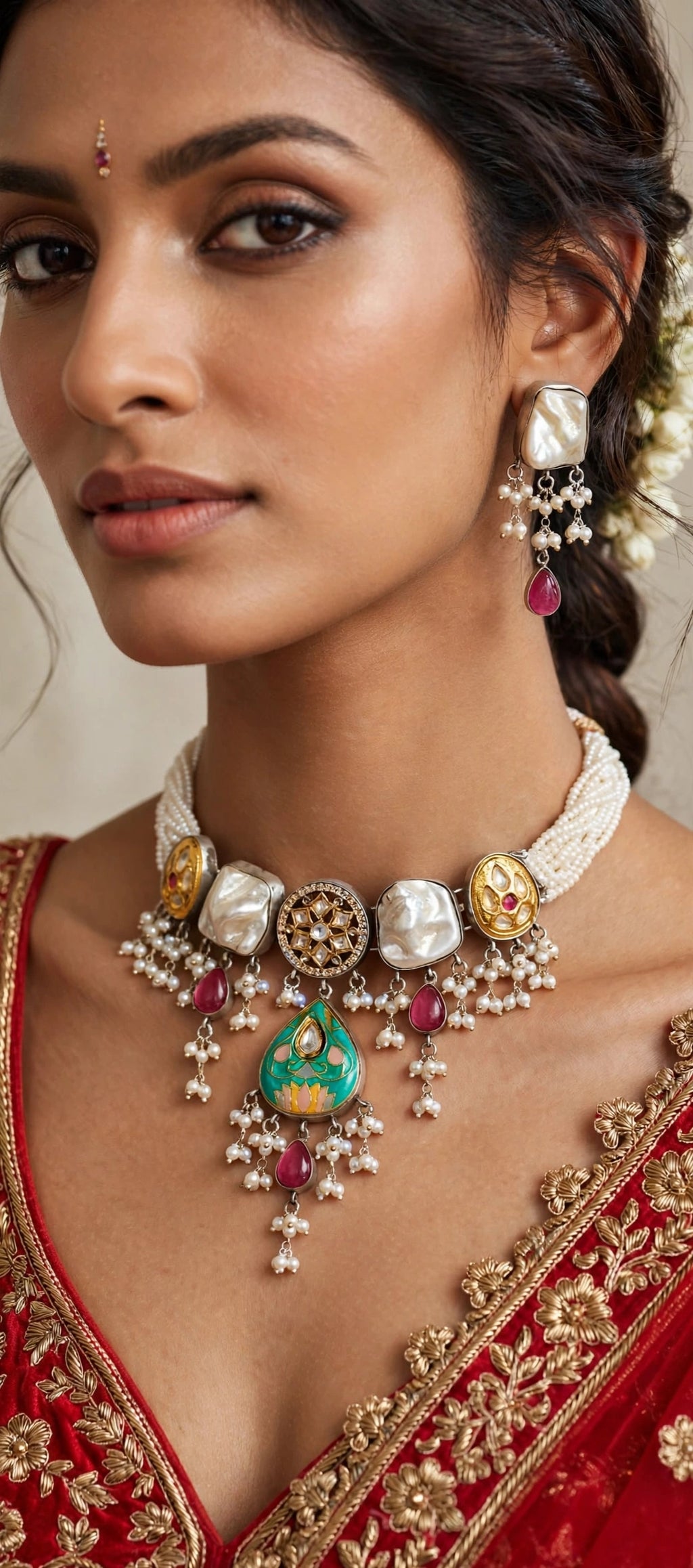 Pearl Rope Choker Necklace Set with Green Meenakari Pendant & Pearl Drops